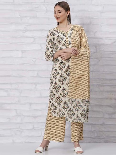 Rangriti Off-White Printed Kurta Palazzo Set With Dupatta