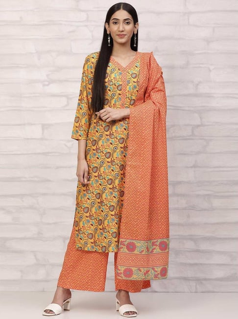 Rangriti Mustard & Orange Printed Kurta Palazzo Set With Dupatta