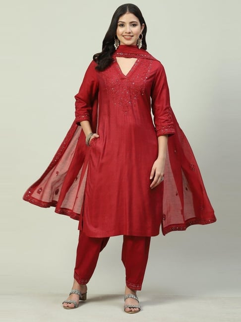 Biba Red Cotton Embroidered Kurta Salwar Set With Dupatta