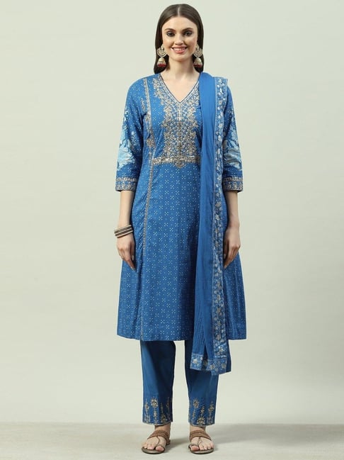 Biba Blue Cotton Zari Work Kurta Pant Set With Dupatta Price in India