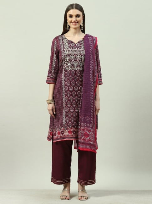 Biba Purple Cotton Printed Kurta Palazzo Set With Dupatta