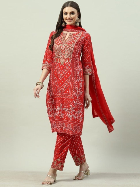 Biba Red Cotton Zari Work Kurta Pant Set With Dupatta Price in India