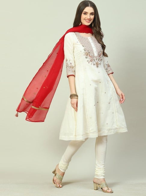 Biba Off-White Embroidered Kurta Churidar Set With Dupatta