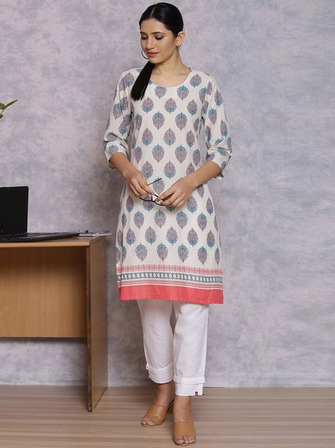 Rangriti Off-White Cotton Printed Straight Kurta