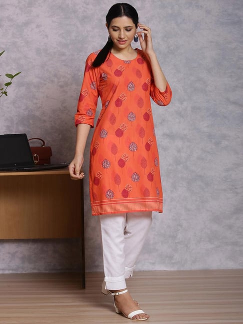 Rangriti Orange Cotton Printed Straight Kurta