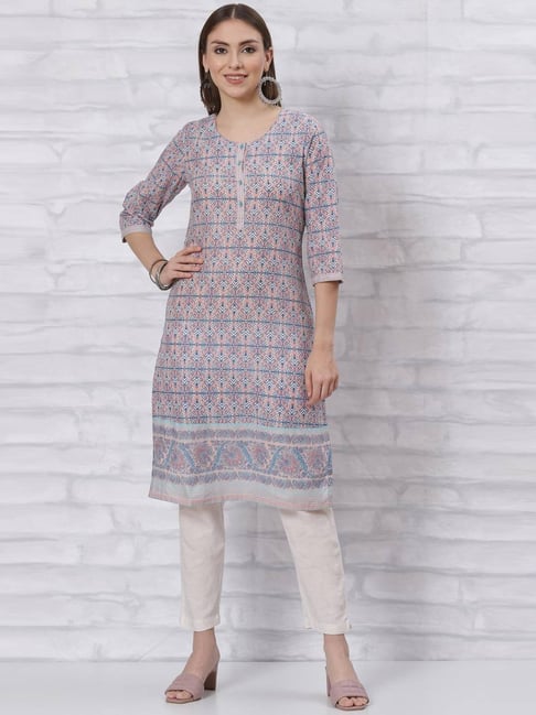 Rangriti Peach & Blue Cotton Printed Straight Kurta