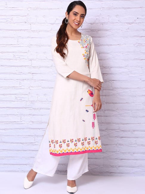 Rangriti Off-White Cotton Printed Straight Kurta