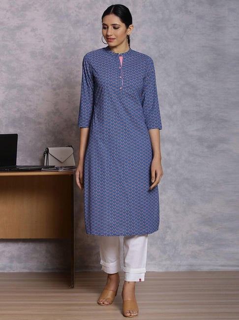 Rangriti Blue Cotton Printed Straight Kurta