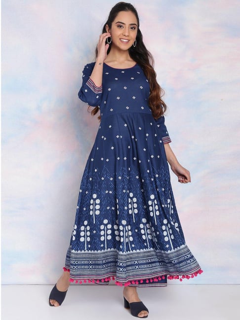 Rangriti Blue Cotton Printed Flared Kurta