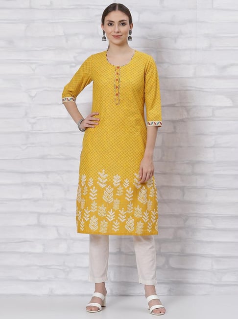 Rangriti Yellow Cotton Printed Straight Kurta