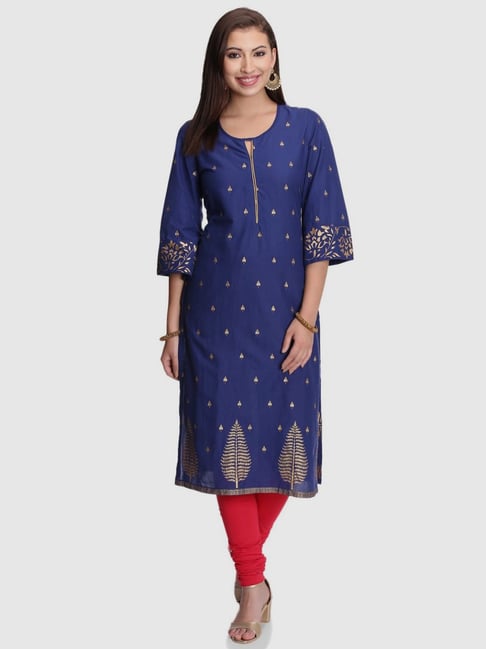 Rangriti Blue Cotton Printed Straight Kurta