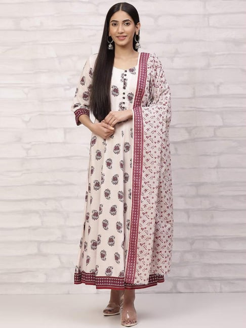 Rangriti Cream Printed A Line Kurta With Dupatta