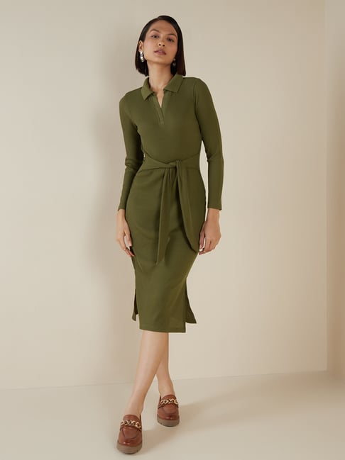 Wardrobe by Westside Olive Tie-Up Design Midi Dress Price in India