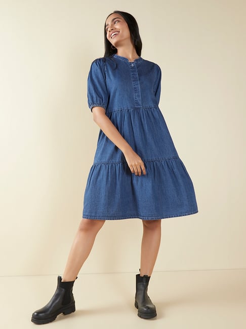 LOV by Westside Dark Blue Tiered Denim Dress Price in India