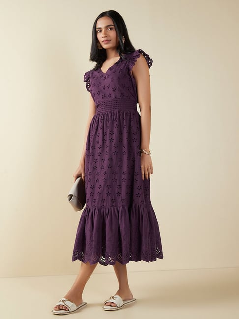LOV by Westside Plum Schiffli Detail Tiered Dress Price in India