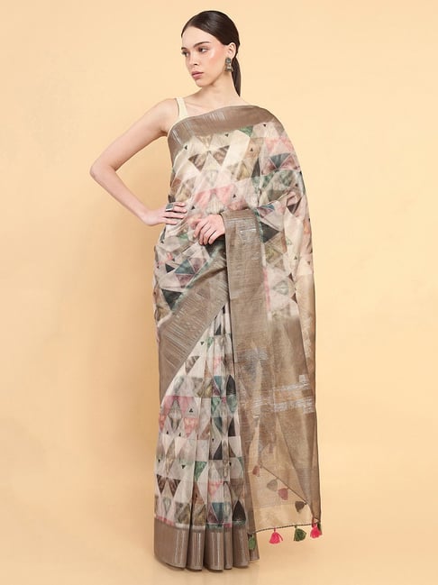 Soch Beige Geometric Print Saree With Blouse Price in India