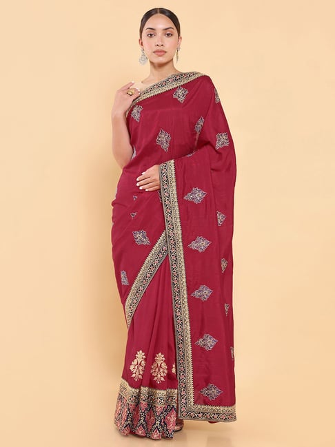 Soch Maroon Embroidered Saree With Blouse