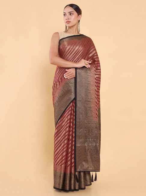 Soch Brown & Maroon Stripes Saree With Blouse Price in India