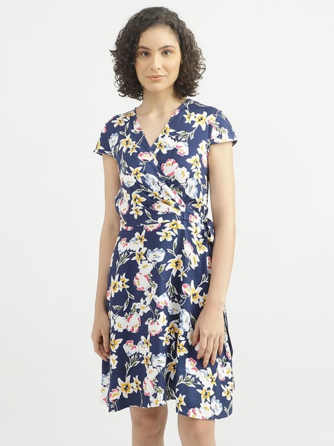 United Colors of Benetton Navy Printed A Line Dress Price in India