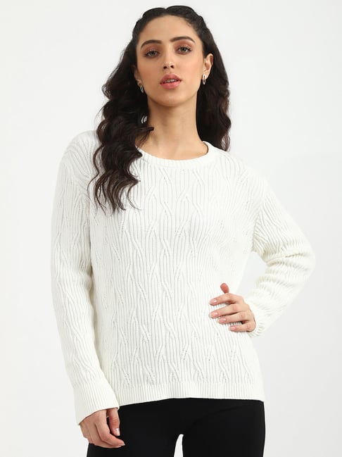 United Colors of Benetton White Self Design Sweater