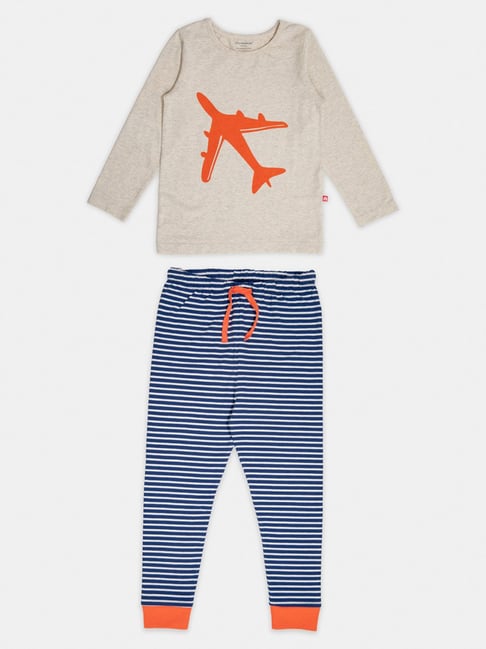 Nino Bambino Kids Off-White & Blue Cotton Printed Full Sleeves T-Shirt Set