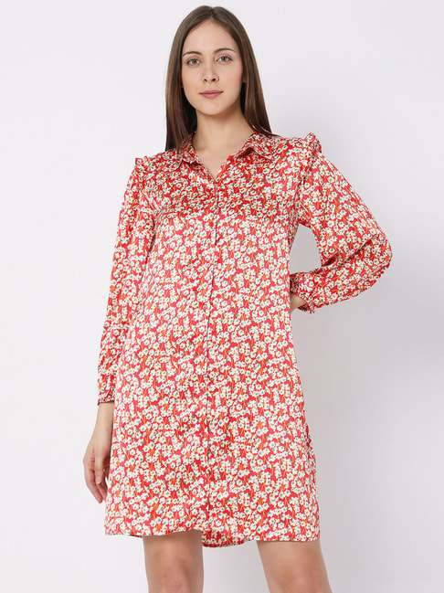 Vero Moda Red & White Floral Print Shirt Dress Price in India