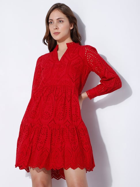 Vero Moda Red Embroidered A Line Dress Price in India