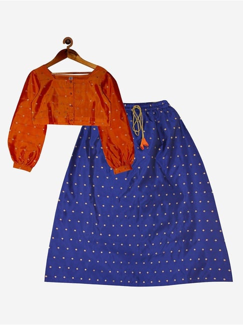 Kiddopanti Kids Orange & Navy Embellished Full Sleeves Top with Lehenga-picture-37