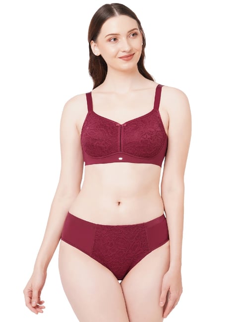 Buy Soie Maroon Lace Non-Padded Full Coverage Bra & Panty Set for