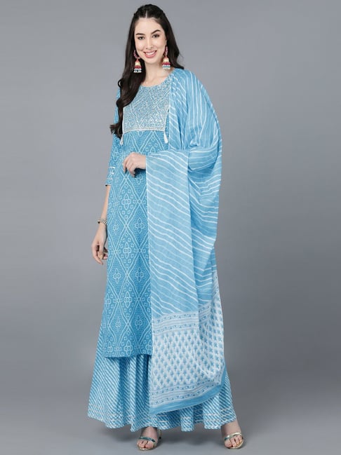 Kipek Blue Cotton Printed Kurta Pant Set Price in India
