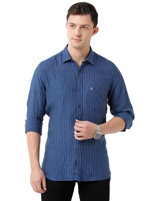 Linen Club Blue Regular Fit Striped Shirt