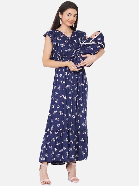 Mine4Nine Navy Floral Print Maxi Maternity Dress For Mom With Matching Baby Wrapper