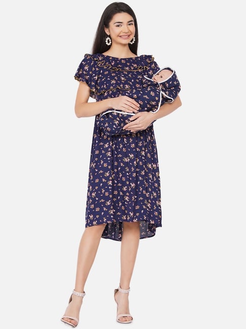 Mine4Nine Navy Floral Print Midi Maternity Dress For Mom With Matching Baby Wrapper