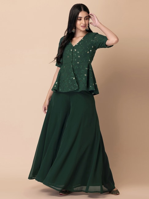 Indya Green Embroidered Top Palazzo Set Price in India