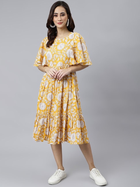 Janasya Yellow Cotton Floral Print A-Line Dress Price in India