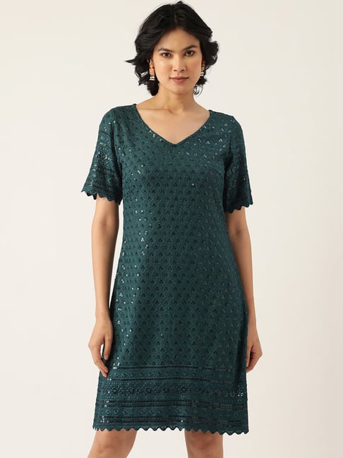 BRINNS Dark Green Embellished A Line Dress Price in India