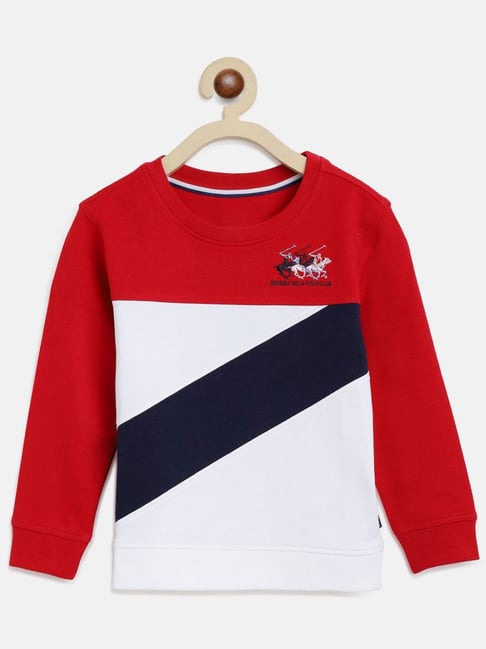 Beverly Hills Polo Club Kids Red White Cotton Color Block Full Sleeves  Pullover