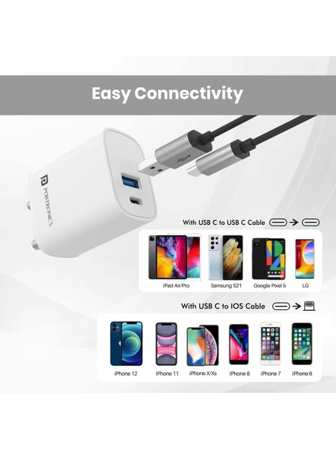 Portronics Adapto 30 30W Dual Output (Type C USB A) Mobile Adapter  Charger (White)