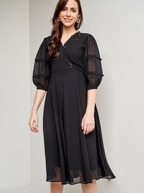 AND Black Embroidered A Line Dress Price in India