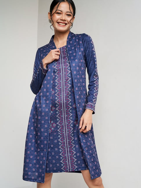 Global Desi Blue Printed A Line Dress Price in India
