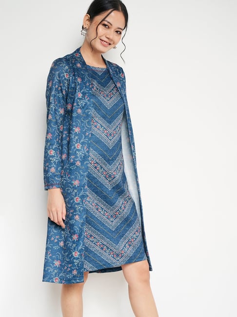 Global Desi Blue Printed A Line Dress Price in India