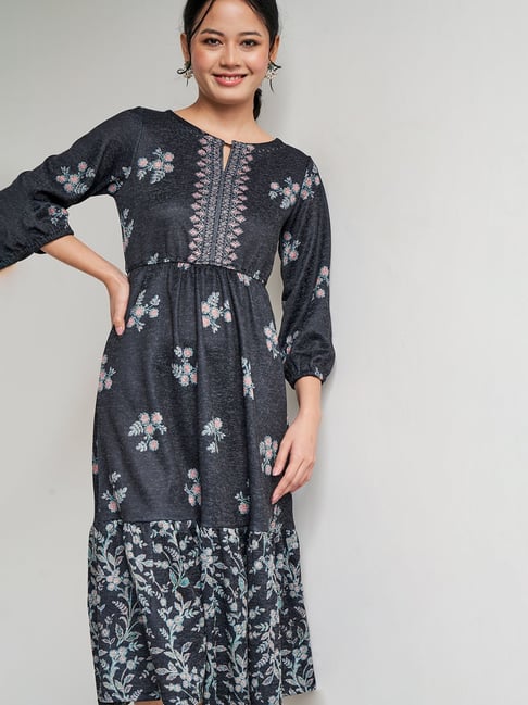 Global Desi Dark Grey Floral Print Skater Dress Price in India