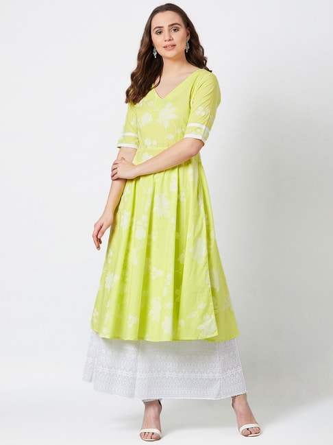 Buy Lime Green Printed Cotton Anarkali Kurti With Sharara