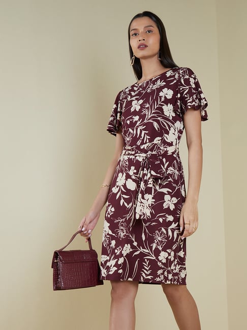 Wardrobe by Westside Wine Floral-Printed Dress With Belt Price in India