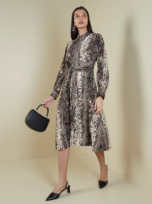 Wardrobe by Westside Brown Snake Print Shirtdress With Belt Price in India