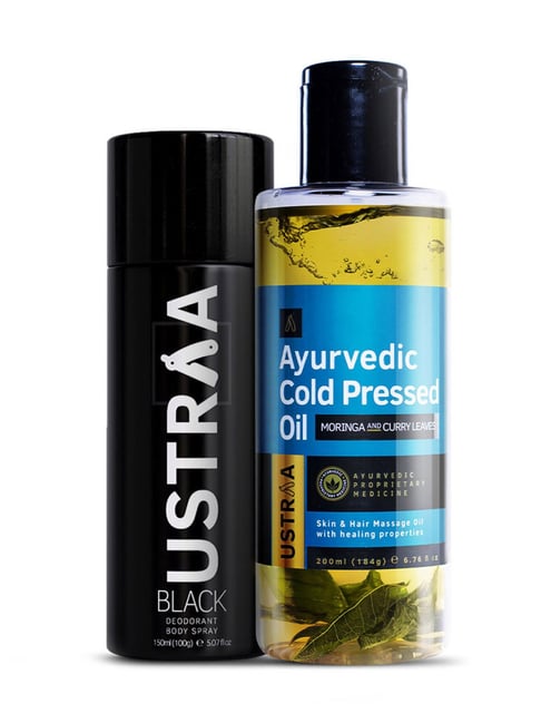Ustraa Ayurvedic Cold Pressed Oil - 200 ml & Black Deodorant - 150 ml