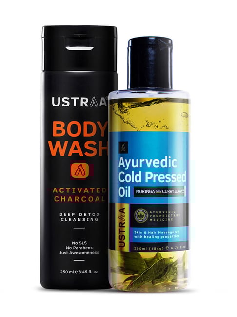 Ustraa Ayurvedic Cold Pressed Oil - 200 ml & Body Wash Activated Charcoal - 250 ml