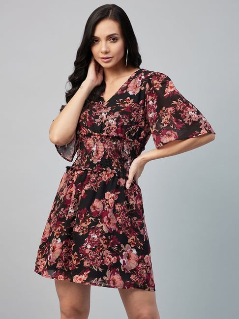 Carlton London Black Floral Print A Line Dress