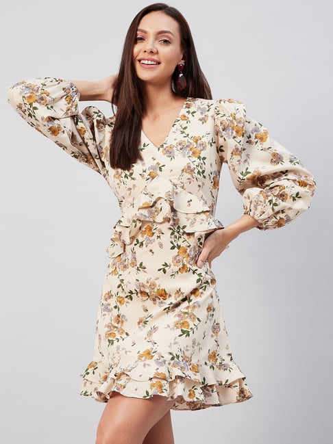 Marie Claire Beige Floral Print A Line Dress Price in India