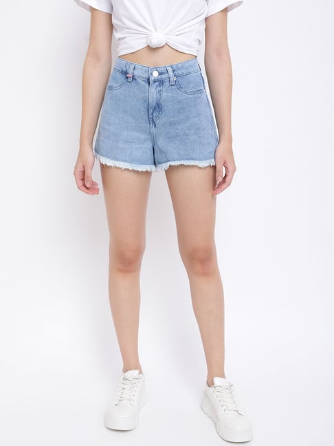 Tales & Stories Light Blue Cotton Mid Rise Shorts